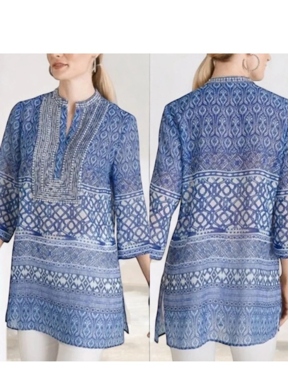 Chico's women’s  Blue Beaded short sleeve Moroccan sheer kaftan Tunic 12/14 NWOT